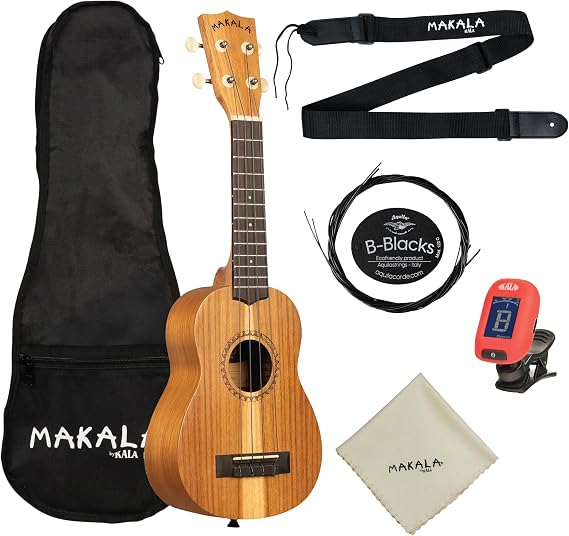 Makala by Kala Soprano Ukulele Bundle Indonesian Acacia Wood with Aquila B-Blacks Strings, Gig Bag, Tuner, Strap, and Cleaning Cloth Beginner-Friendly Kit by Kala Music