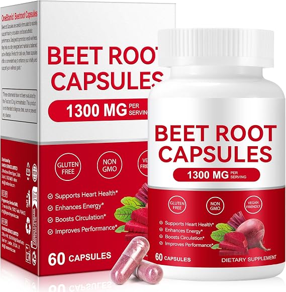 Beetroot Extract Capsules 1300mg - High Strength Beet Root Supplement 60 Vegan Capsules- Nitric Oxide - for Energy & Endurance Support