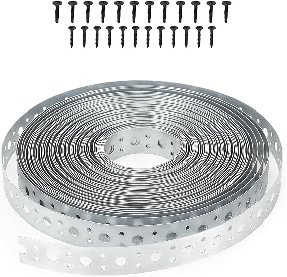 Galvanized Metal Pipe Strap 1-Inch x 65 Feet 0.6mm Thickness for HVAC & Plumbing Support Metal Strapping with Holes Duct Securing Straps with Black Screw