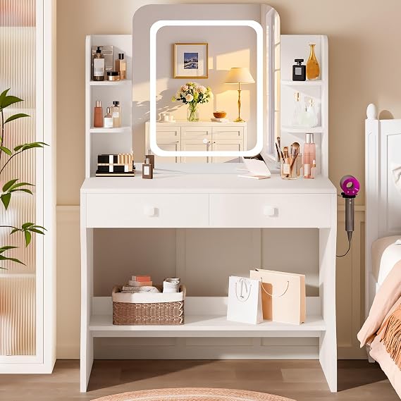 LIVELYGLOW 29.5" White Small Makeup Vanity Desk with Power Outlet & Mirror