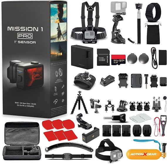 GoPro Mission 1 PRO Action Camera with 1-Inch Sensor, 8K60 Video, 50MP Photos, Waterproof Design, Low-Light Performance Camera (CHDHW-011-MY) + 64GB Card + 120-in-1 Accessory Kit (128pc Bundle)