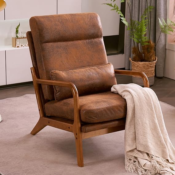 Accent Chair Mid-Century Modern Chair with Pillow High Back Upholstered Lounge Arm Chair with Solid Wood Frame & Soft Cushion for Living Room, Bedroom (Brown)