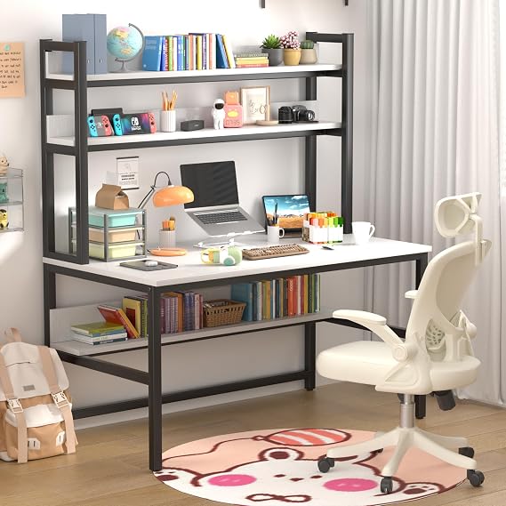 Aquzee Desk with Shelves, Computer Desk with Hutch, 55"