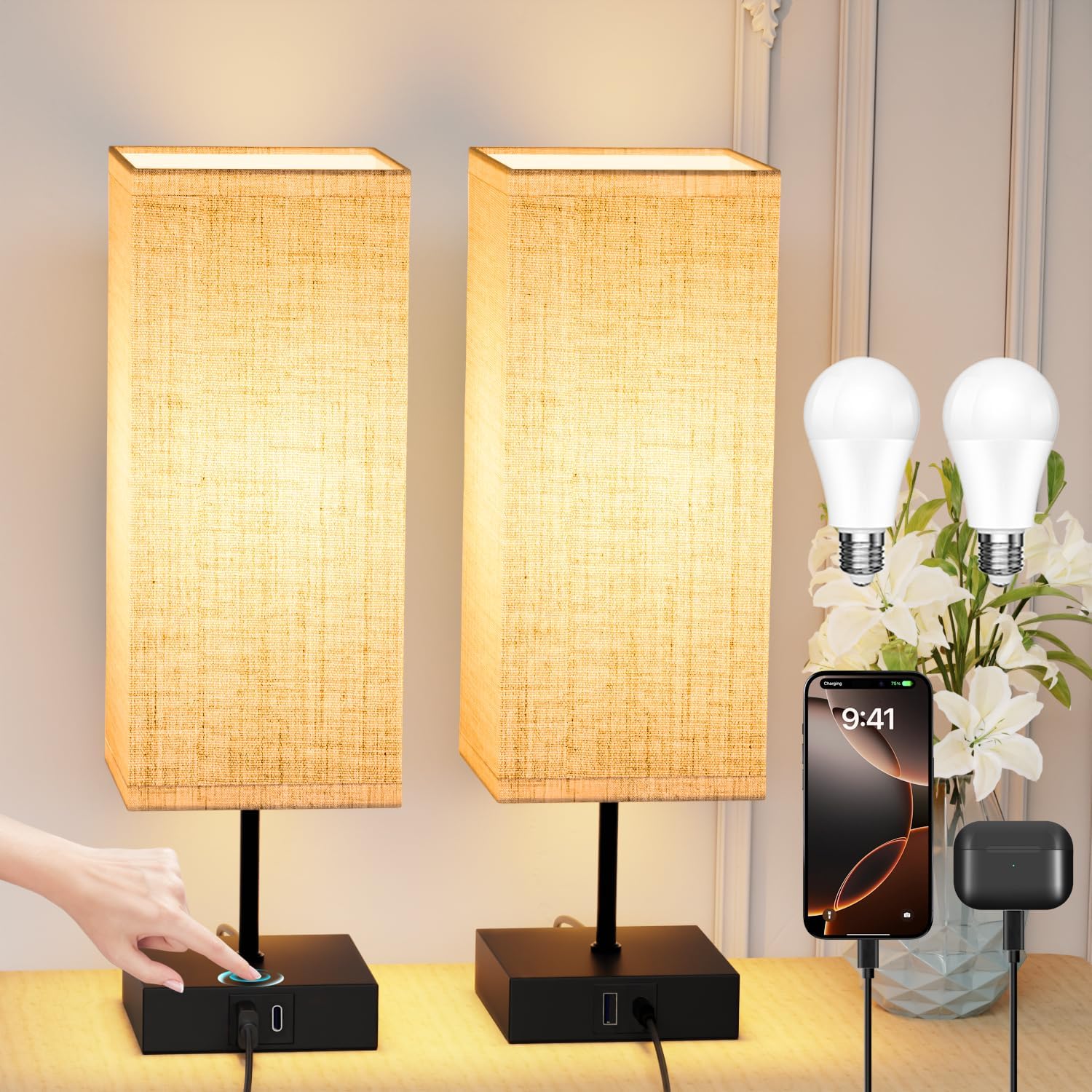 Bedside Lamps Set of 2, Table lamp for Living Room Bedroom, Touch Lamps with USB A+C Charging Ports, Dimmable Small Nightstand Lamp with Fabric Shade for Kids Room, Study, Dorm(Bulb Included)