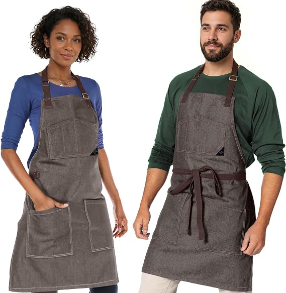 Under NY Sky Chef Apron, Smart Pockets, Cotton Straps, Unisex, Beige Denim