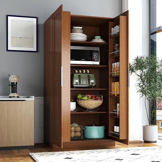 22 in Deep Kitchen Pantry Storage Cabinet with Doors and Shelves Wood Grain | Tall, Large Cupboard for Food