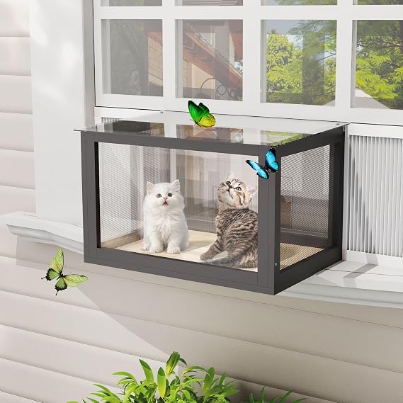 Cat Window Box Outdoor, Window Perch with Bug Proof Wire Mesh, Black | Cat Enclosure Window Catio with Side Door Transparent Top for Indoor Cats Sunbathing, Napping, Overlooking, Playing