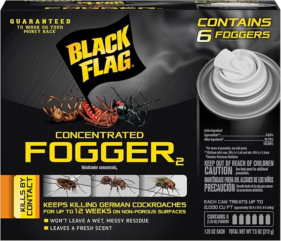 Black Flag Concentrated Fogger, 6 Count-1.25 Ounce Cans, Indoor Insecticide | Kills Roaches, Ants*, Fleas, Spiders**, Mosquitos and More As Listed by Contact, Treats Up To 2,000 Cu. Ft., Use Indoors