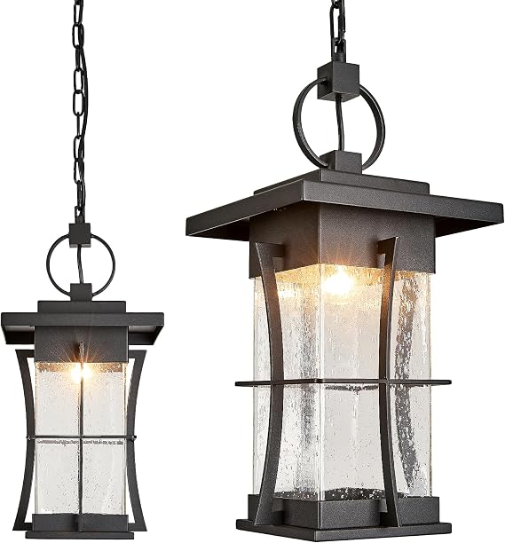 17" Extra Large Outdoor Pendant Light Black Mission Style Hanging Lantern with Seeded Glass Waterproof Outdoor Ceiling Mount Light for Porch Chandelier Lighting