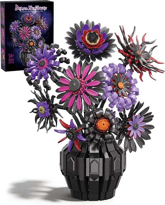 Dark Sunflowers Building Set with Vase, Gothic Purple Van Gogh Sunflower for Home Decor, Compatible with Lego Sunflower Botanicals Collection, 1183 PCS
