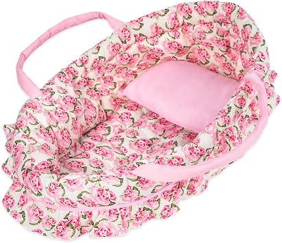 Rakki Dolli Doll Carry Cot Set, Sweet Dreams Soft Bassinet Doll Carrier Includes 1 Cot and 1 Pillow, Pink Flower Doll Bassinet, Fits for 16 Inch 18 Inch American Girl Dolls