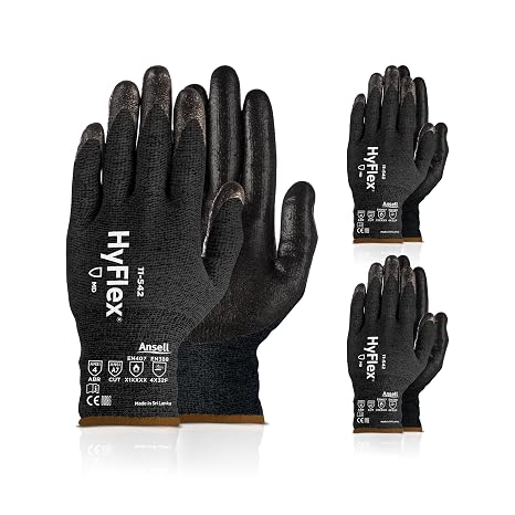 Ansell HyFlex 11-542 Cut/Heat-Resistant Mechanical Work Gloves w/Nitrile Palm for Machinery, Automotive - Medium (8), Black (3 Pairs) | Black, Size 8 (M), unisex cut-resistant gloves with cut & heat resistance to 212F, ideal for automotive & metal fab
