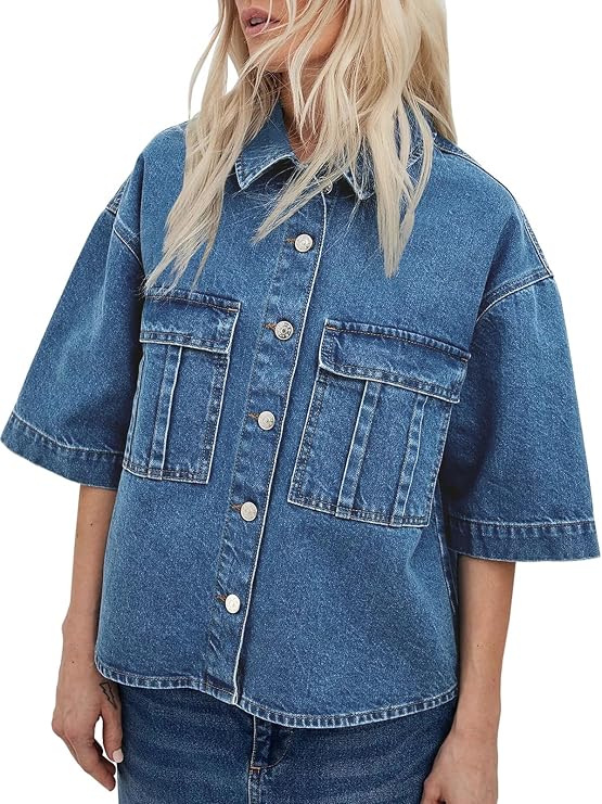 Imily Bela Womens Oversized Short Sleeve Denim Jackets Cropped Jean Tops