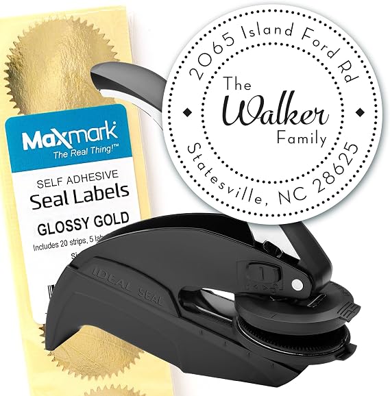 Custom Monogram Address Embosser - Personalized Round Seal with 50 Seal Labels - Style EM023