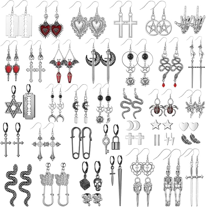 40 Pairs Gothic Earrings Set for Women Men Punk Grunge Y2k Dangle Earrings Bat Cross Snake Skull Goth Jewelry Set