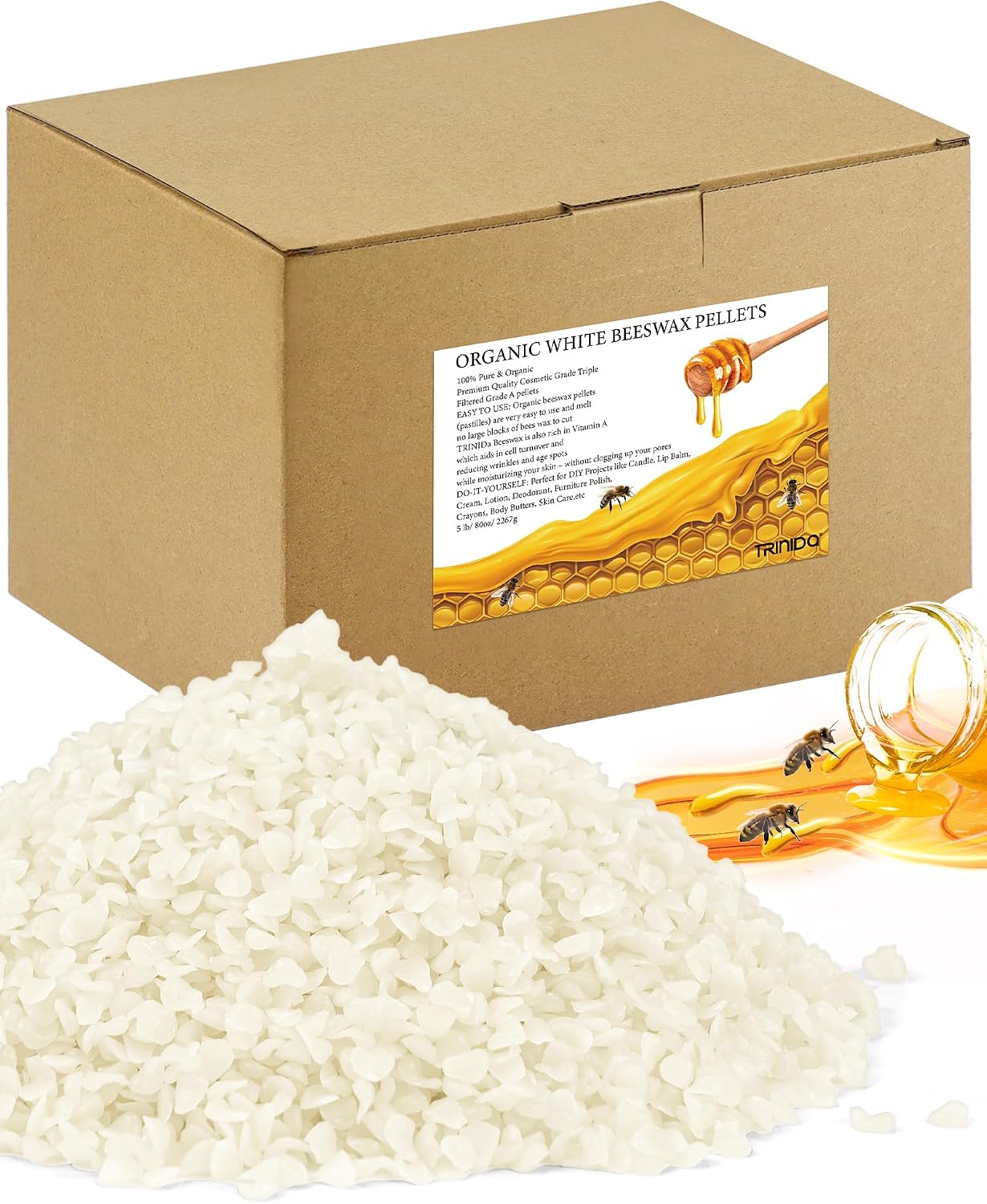 TRINIDa Beeswax Pellets 2.27kg, White Bees Wax for DIY Candles, Beeswax for Candle Making, Skin, Body, Face, and Hair Care, Lotions, DIY Creams, Lip Balm and Soap Making Supplies