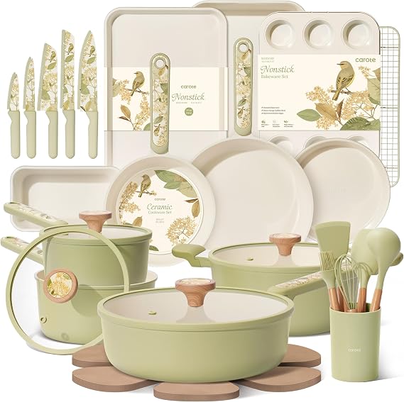 CAROTE 37pcs Ceramic Cookware Set, Nonstick Pots and Pans Set
