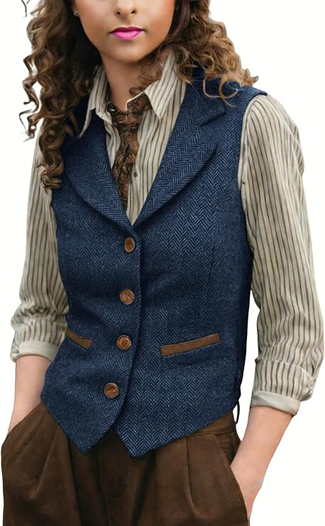 Women Herringbone Tweed Lapel Vests V-Neck Waistcoat | Sleeveless Jacket For Work, Office and Casual Outfits