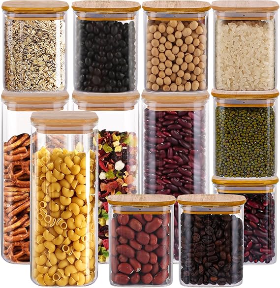 12 Pack 600ml, 1200ml Glass Storage Jars with Bamboo Lids, Kitchen Storage Jars Canisters, Glass Storage Containers with Lids Airtight for Spice Coffee Tea Sugar kitchen Storage Organisation