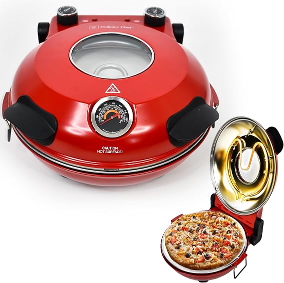 CULINARY CHEF Electric Pizza Oven with Ceramic Stone, Viewing Window, Adjustable Heat Control, Timer and 1200W Baking Power, DIY Homemade Pizzeria, Large 12 Pie Capacity (Red)