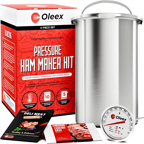 Oleex Lunch Meat Press Mold for Deli Meats-Homemade Ham Maker Meat Press Tool with Cooking Thermometer, 10 cooking bags & Recipe book-Multipurpose Stainless Steel Pressure Sandwich Lunchmeat Maker