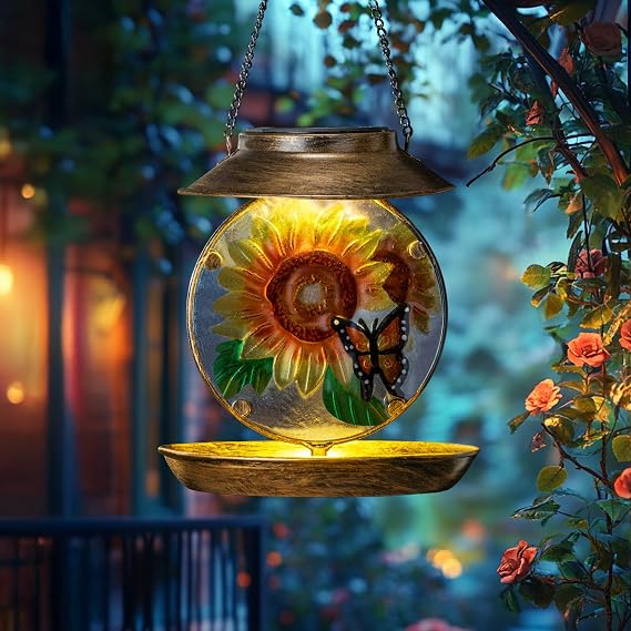 Solar Bird Feeders for Outdoors Hanging, Solar Sunflower Bird Feeder with Led Light Waterproof Metal Birdfeeders Outside Hanging Decorative for Outdoor Garden Yard Patio Backyard