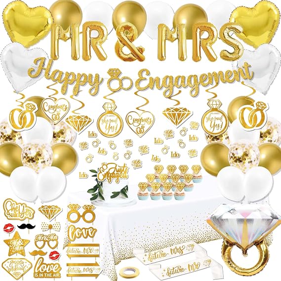 Gold Engagement Party Decorations Kit - Happy Engagement Glitter Banner, MR & MRS Foil Balloons, Giant Diamond Ring Balloon, Tablecloth, Photo Booth Props and Future Mr Mrs Sashes Decor Set