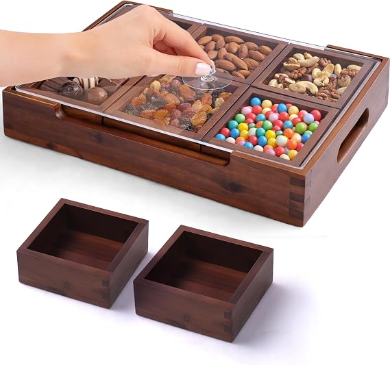Set7 Wood Serving Tray With Handles And Lid Large Rectangular Breakfast & Ottoman Tray with Raised Edges, Serving Platter Snack Tray, Serving Tray with Food, Drinks, Appetizer Dishes & Dessert Trays