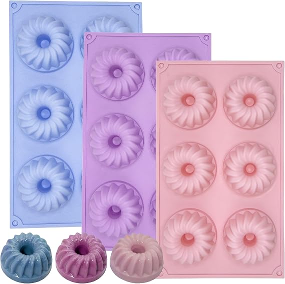 LGQUK Jello Molds 3pcs Silicone Fluted Tube Cake Pans, 6Cavity Heritage Bundtlette Cake Silicone Mold for Baking Non Stick Fancy Molds (Purple+Blue+Pink, Fluted Tube)