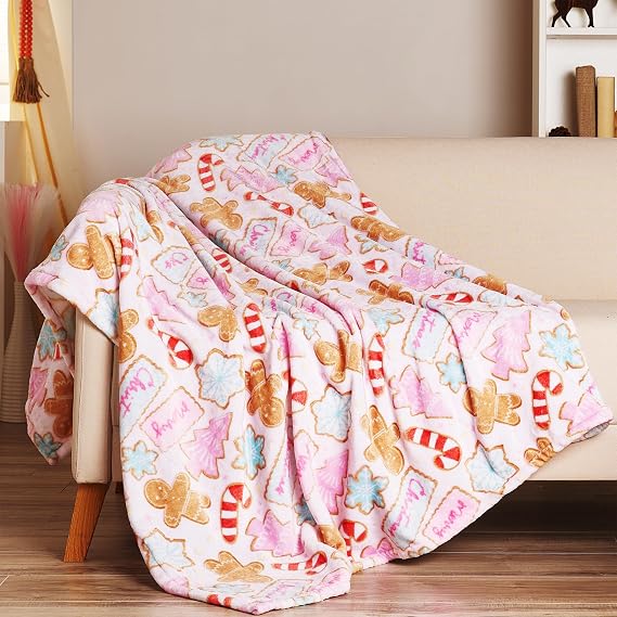 Pink Christmas Throw Blanket For Girls, Kids Holiday Gingerbread Blanket