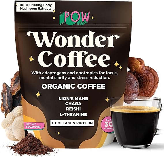 POW Wonder Coffee - Organic Mushroom Coffee for Focus & Calm Energy with Collagen, Lions Mane, Reishi, Chaga, L-Theanine - No Jitters, Healthy Coffee Alternative, 60mg Caffeine, 30 Servings