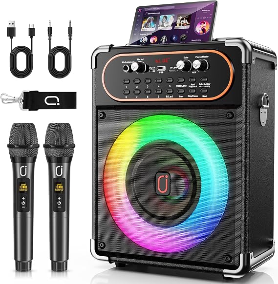 Karaoke Machine with 2 Wireless Microphones for Family Party | Bluetooth 5.3 Speaker for Adults, 2.4G Zero Delay Mics, Echo & Deep Bass, Supports TWS/TV/Guitar, for Party, Backyard BBQ