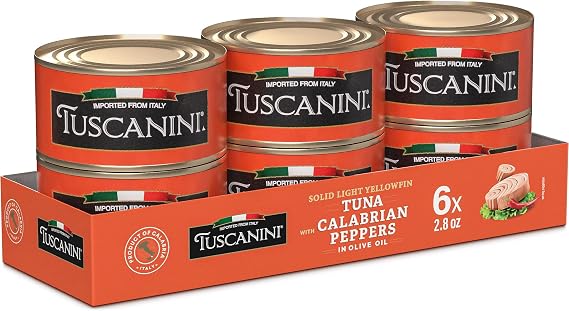 Tuscanini Italian Solid Light Yellowfin Tuna in Olive Oil with Calabrian Chili Peppers, 2.82oz (6 Pack) No MSG | Natural Flavors | Gluten Free & Soy Free | Mineral Enriched | Kosher Including Passover | Product of Italy