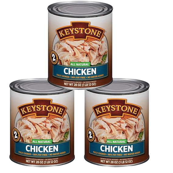 Keystone Meats All Natural Heat and Serve Canned Chicken 28 oz Fully Cooked Canned Meat 98% Fat Free Shelf Stable with 5-Year Shelf Life Premium Pantry Staple for Everyday Meals Emergency Survival Canned Food Ready to Eat Gluten Free Made in USA Pack of 3