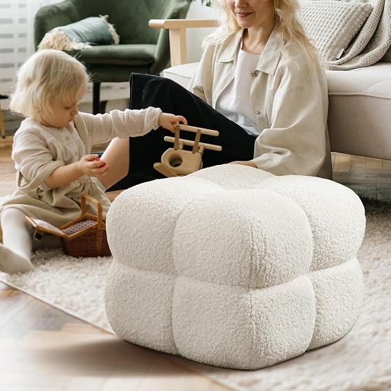 Zesthouse Square Pouf Ottoman Footstool, Modern Backless Vanity Chair for Bedroom, White Fuzzy Foot Rest for Couch, Upholstered Tufted Footstool, Sherpa Fabric Ottoman Coffee Table for Living Room