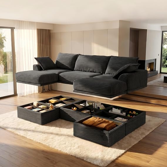 Modular Sectional Sofa with Movable Ottoman, Boneless U-Shaped Cloud Couch