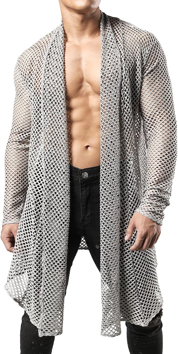 JOGAL Men's Mesh Fishnet Cardigan Fitted Muscle Top