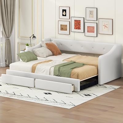 Twin XL to King Size Upholstered Daybed with Two Drawers, Linen Sofabed for Kids Adults Bedroom,No Box-Spring Needed BeigeXL