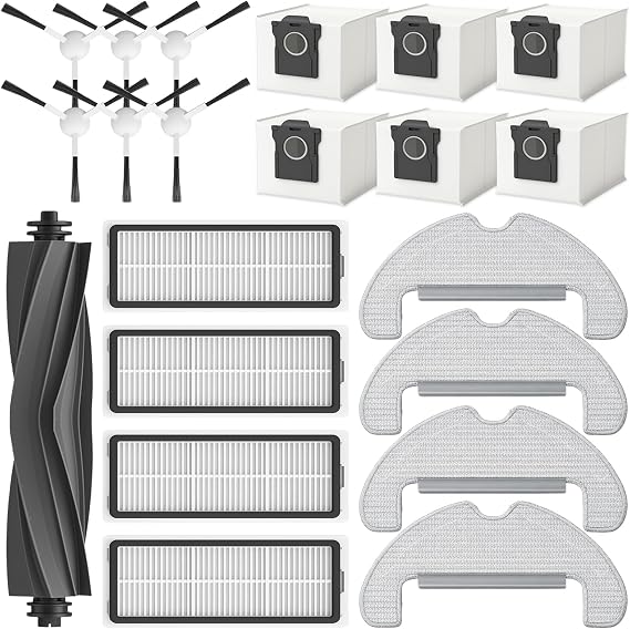 21-Piece Replacement Parts Set Compatible with Dreame D10 Plus Gen 2 (RLD32GD) Robot Vacuum Accessories, Includes 1 x Main Brush, 6 x Side Brushes, 4 x HEPA Filters, 4 x Mop Pads, 6 x 4.0L Dust Bags