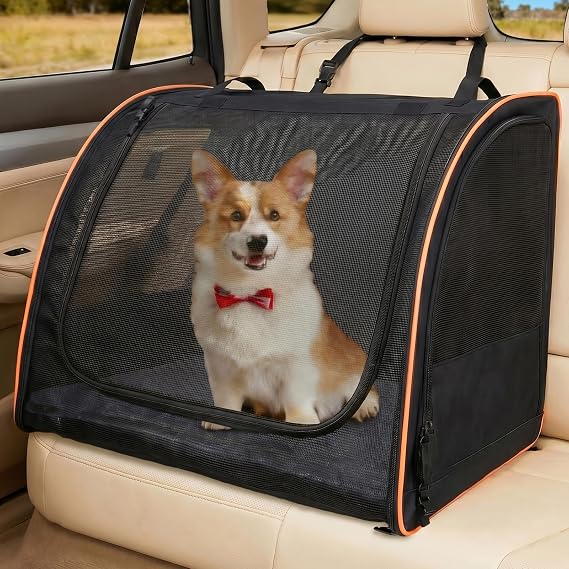 Dog Car Seat, Enclosed Carrier for Pets Travel Safety Dog Crate Soft-Sided Covered Car Kennel Carrier for Backseat for Medium Dogs