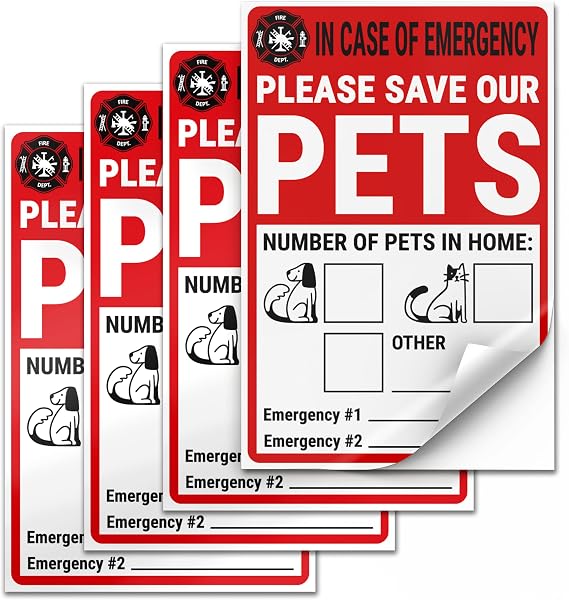 Pet Alert Safety Fire Rescue Sticker, 4 x 6 Inch Adhesive Vinyl, 4 Pack