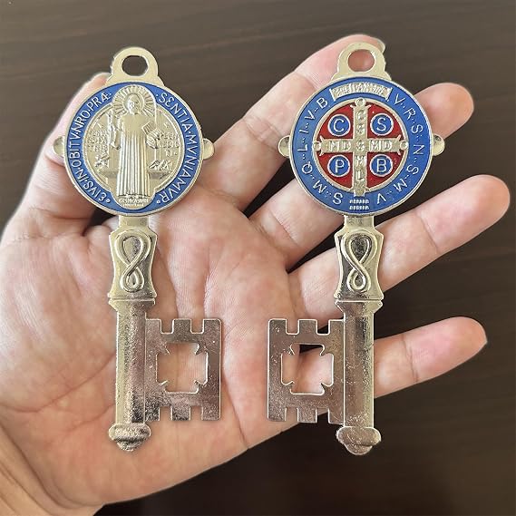 Bovemee 2Pcs/Set Enamel Double Side Saint Benedict 4.9inchX2.9inch Key Blessing For Protection - Medalla de san benito Home and Door hanger - Wall Hanger Catholic Easter Day Gifts San Benito Gift