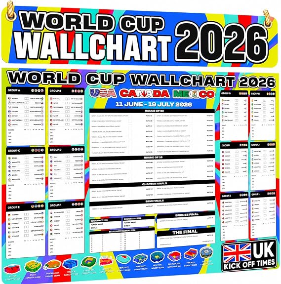 World Cup Wall Chart 2026 - World Cup Chart – Football Tournament Poster Huge A1 Size With Fixtures, UK Kick Off Times, TV Channels, Stadiums & Match Schedule Folded to A4 Multicoloured