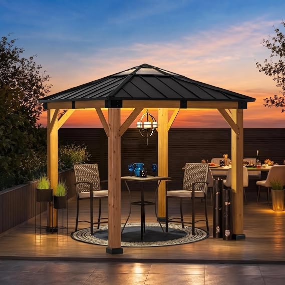 SUNJOY 2.7x2.7m Solid Wood Gazebo with Translucent Skylight, Hardtop Steel Roof, Thicker 14cm Posts, Outdoor Garden Shelter, Rain & Wind Resistance, Heavy Duty Pavilion for Patio, Deck