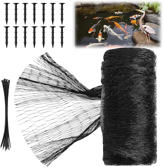 Koi Pond Netting Kit 10 x 10ft, Bird Deer Fence Netting, Durable Net Cover for Leaves, Heavy Duty Fine Mesh, Protect Fish from Blue Heron Birds, Cats & Predators, 14pcs Stakes & Ties Included