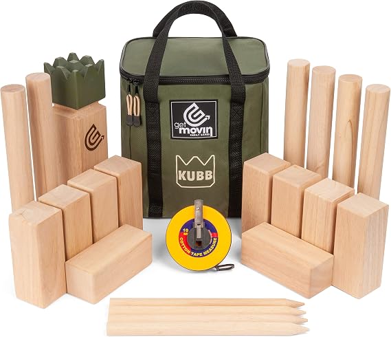 GetMovin' Sports Kubb Premium Rubberwood Set, Viking Chess Fun Outdoor Yard Game, Giant Board Game for The Beach, Lawn, or Party