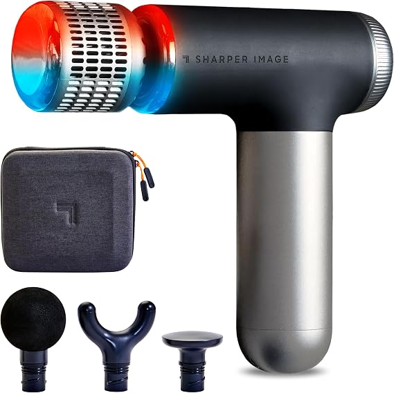 Sharper Image Powerboost Pro+ Compact Hot & Cold Percussion Massager, Dual Temperature Node for Hot and Cold Therapy, 6 Speeds, 4 Accessories, Portable Athlete Recovery