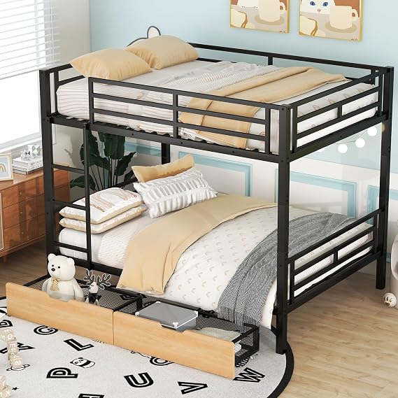Flieks Metal Bunk Bed, Full Over Full Metal Bunk Bed Frame with 2 Drawers, Safety Guard Rails and Ladder, Divided into 2 Separate Beds, Heavy-Duty Steel Frame Bunk Bed for Kids Teens Adults (Black)