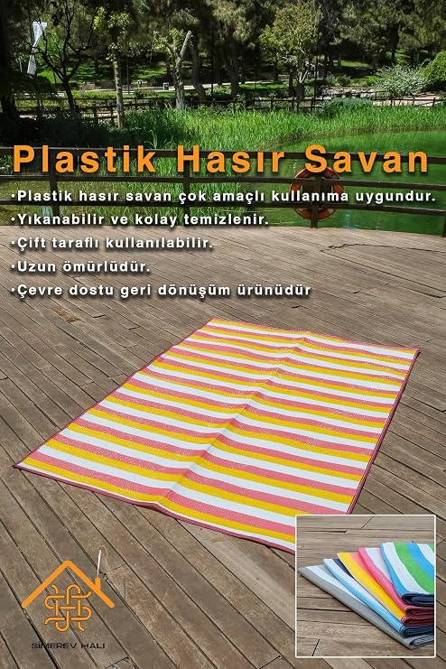 Hasır Savan Mat Plaj Kamp Piknik Bahçe Balkon Teras Yıkanabilir Katlanabilir Kilim SARI 150 x 210