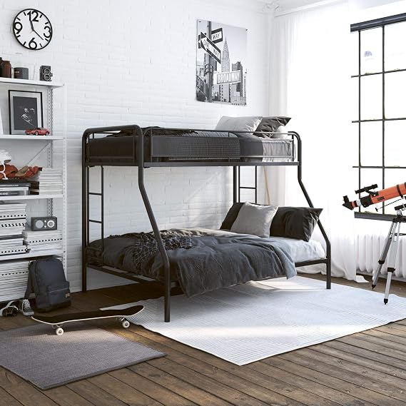 DHP Rockstar Metal Bunk Bed Frame, Sturdy Metal Design, Twin-Over-Full - Silver Black Twin/Full